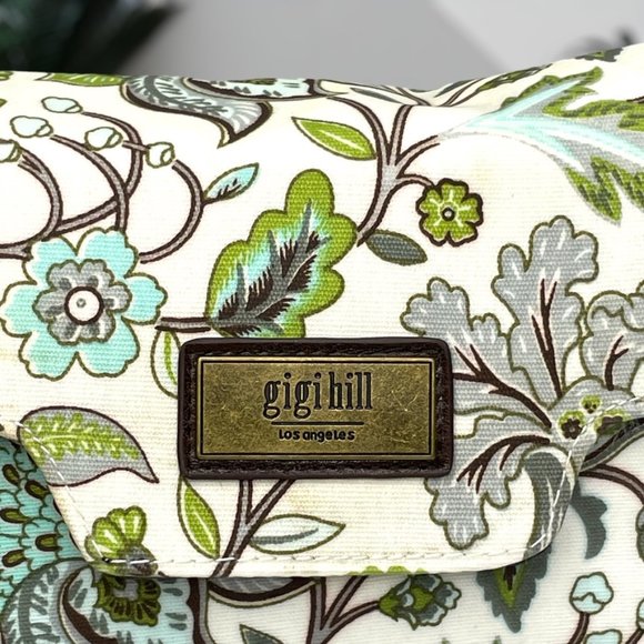 Gigi Hill Medium Green Brown White Floral 2 pocket Hand Shoulder Purse - Picture 2 of 12